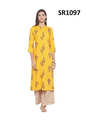 Mustard Printed Viscose Band / Mandarin / Chinese Collar kurti 1