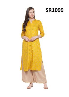Mustard Printed Viscose Band / Mandarin / Chinese Collar kurti 1