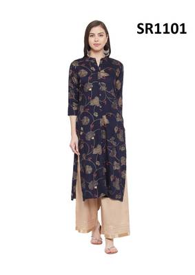 Navy Blue Printed Viscose Band / Mandarin / Chinese Collar kurti 1