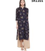 Navy Blue Printed Viscose Band / Mandarin / Chinese Collar kurti