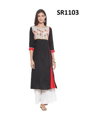 Black Printed Viscose Round Neck kurti 1