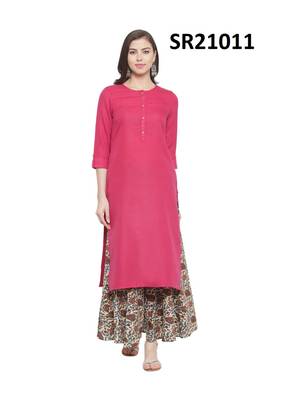 Pink Printed Cotton Round Neck kurti 1