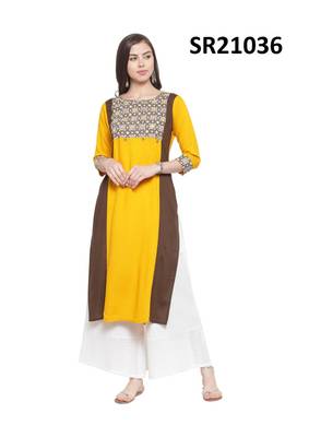 Mustard Printed Viscose Round Neck kurti 1
