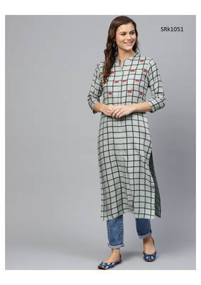 Olive Printed Viscose Band / Mandarin / Chinese Collar kurti 1