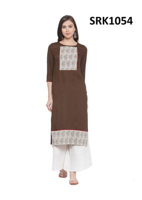 Brown Printed Viscose Round Neck kurti 1