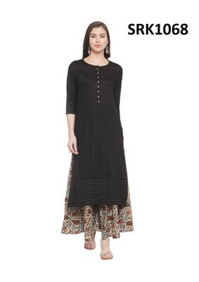 Black Printed Viscose Round Neck kurti 1