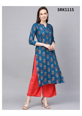 Teal Printed Viscose Band / Mandarin / Chinese Collar kurti 1