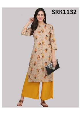 Beige Printed Viscose Band / Mandarin / Chinese Collar kurti 1