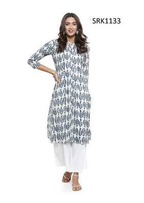 White Printed Viscose Band / Mandarin / Chinese Collar kurti 1