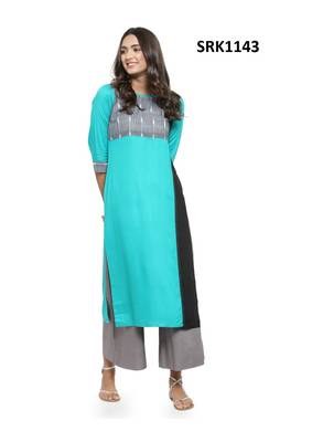 Turquoise Printed Viscose Round Neck kurti 1