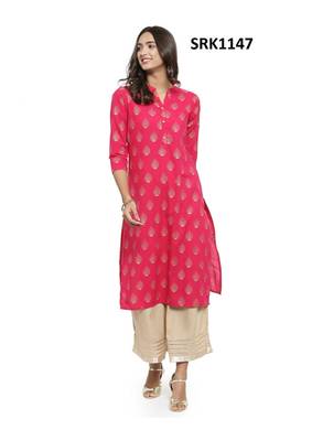 Pink Printed Cotton Band / Mandarin / Chinese Collar kurti 1
