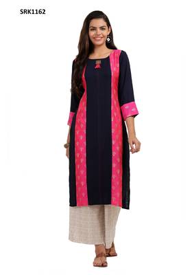 Navy Blue Printed Viscose Round Neck kurti 1