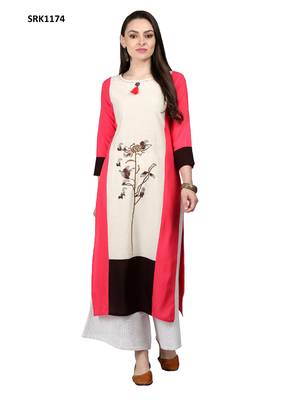 Beige Printed Viscose Round Neck kurti 1