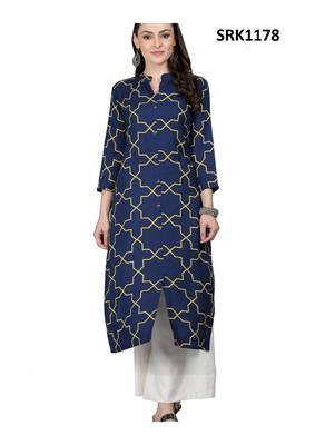 Navy Blue Printed Viscose Band / Mandarin / Chinese Collar kurti 1