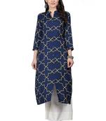 Navy Blue Printed Viscose Band / Mandarin / Chinese Collar kurti