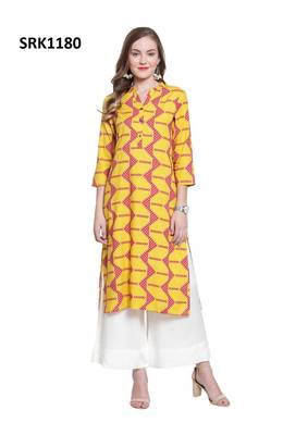 Mustard Printed Viscose Band / Mandarin / Chinese Collar kurti 1