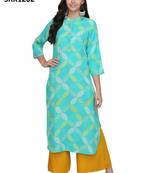 Sea Green Printed Viscose Band / Mandarin / Chinese Collar kurti