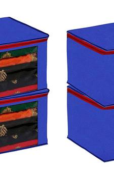 Atorakushon Fabric 4 Piece Saree Cover Clothes Storage Bags Garments Wardrobe Organiser (Blue)