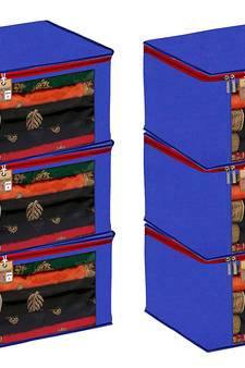 ATORAKUSHON FABRIC 6 PIECE SAREE COVER CLOTHES STORAGE BAGS GARMENTS WARDROBE ORGANISER (Blue)
