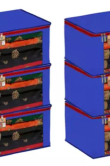 ATORAKUSHON FABRIC 6 PIECE SAREE COVER CLOTHES STORAGE BAGS GARMENTS WARDROBE ORGANISER (Blue)