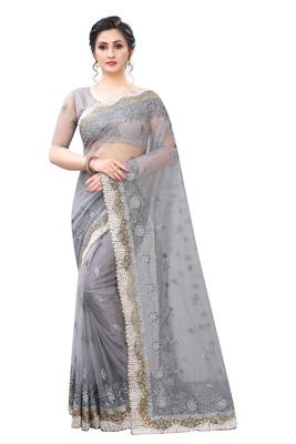 Grey embroidered net saree with blouse 1