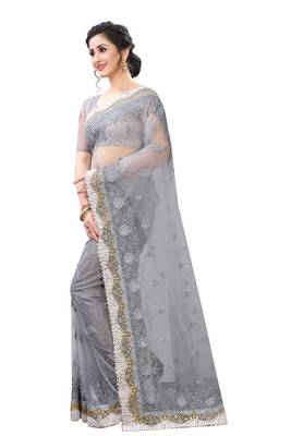 Grey embroidered net saree with blouse 2
