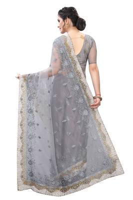 Grey embroidered net saree with blouse 3