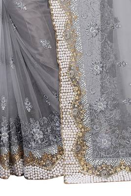 Grey embroidered net saree with blouse 4