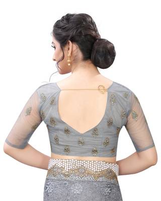 Grey embroidered net saree with blouse 5