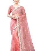 Pink embroidered net saree with blouse