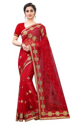 Red embroidered net saree with blouse 1