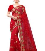Red embroidered net saree with blouse