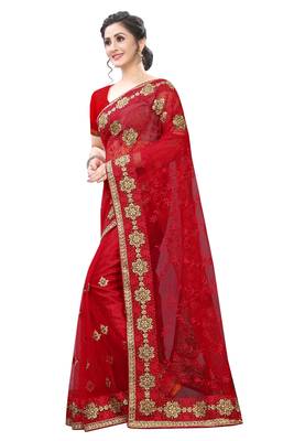 Red embroidered net saree with blouse 2