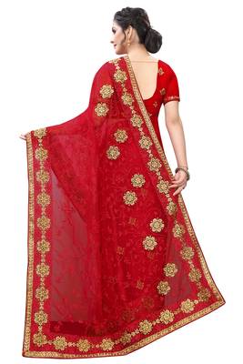 Red embroidered net saree with blouse 3