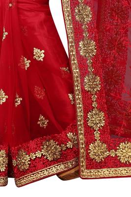 Red embroidered net saree with blouse 4