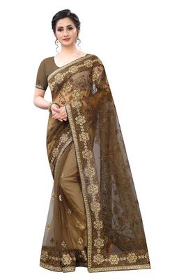 Beige embroidered net saree with blouse 1