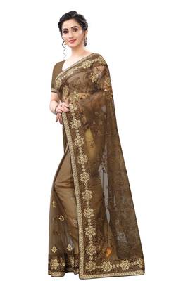 Beige embroidered net saree with blouse 2