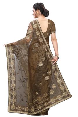 Beige embroidered net saree with blouse 3