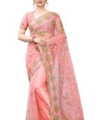 Pink embroidered net saree with blouse