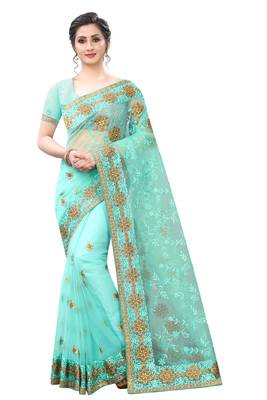 Sky blue embroidered net saree with blouse 1