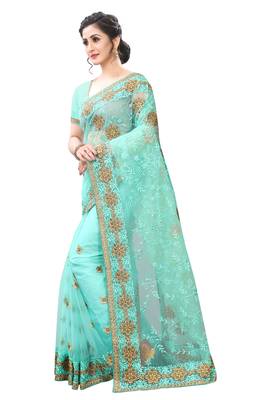 Sky blue embroidered net saree with blouse 2