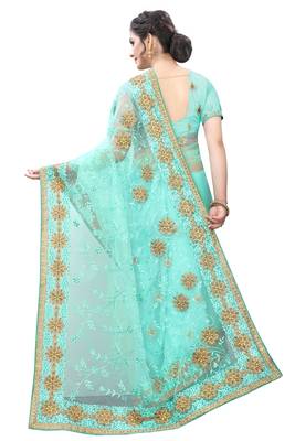 Sky blue embroidered net saree with blouse 3
