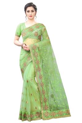 Green embroidered net saree with blouse 1