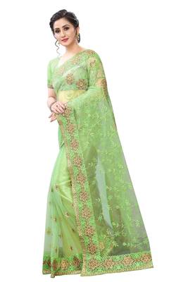 Green embroidered net saree with blouse 2