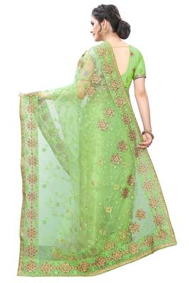 Green embroidered net saree with blouse 3
