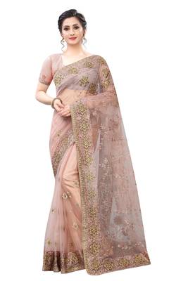 Brown embroidered net saree with blouse 1
