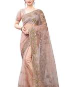Brown embroidered net saree with blouse
