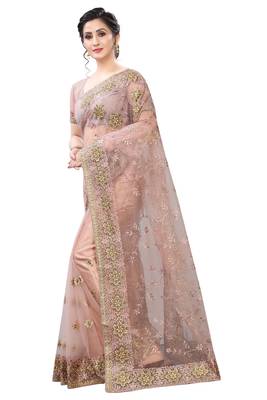 Brown embroidered net saree with blouse 2