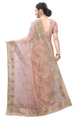 Brown embroidered net saree with blouse 3