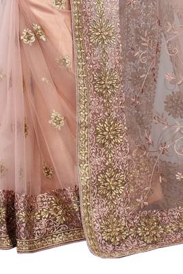 Brown embroidered net saree with blouse 4